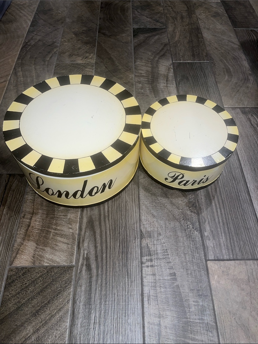 Set of 2 Decorative Round wooden hat Boxes - 'London' and 'Paris'